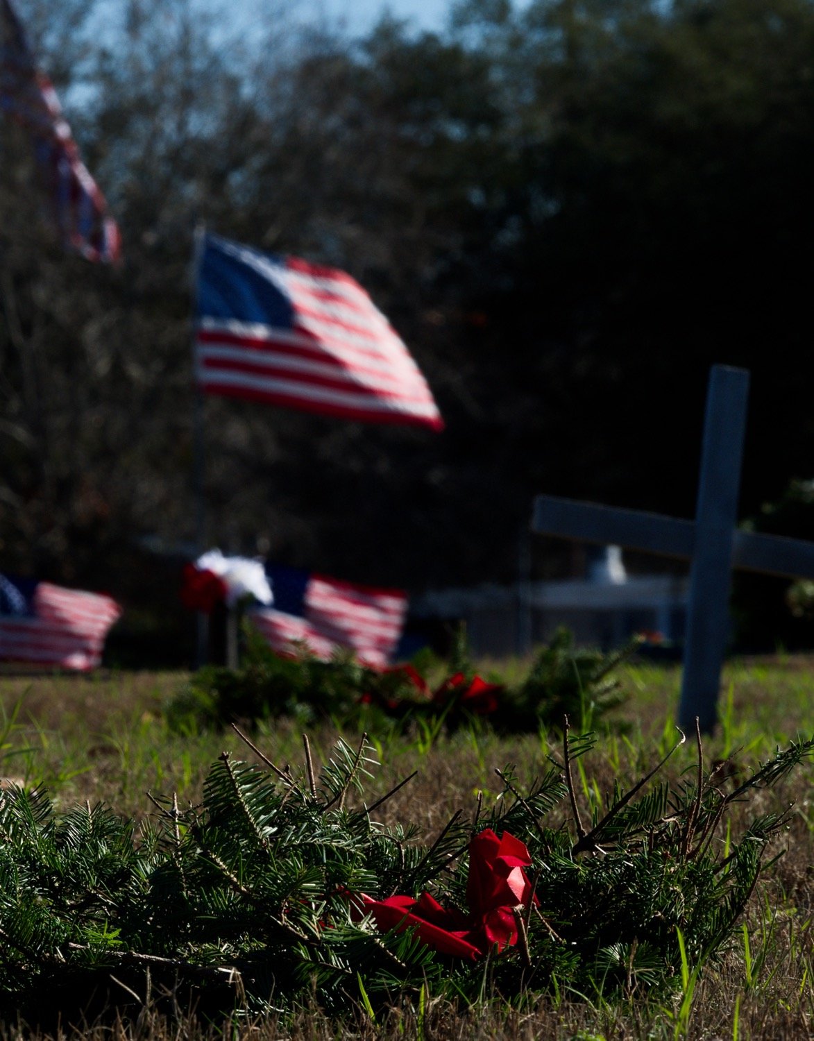 A couple of the more that 600 wreaths laid next to the markers of veterans interred at Roselawn Cemetery in Mineola. [view the holiday honoring of veterans]